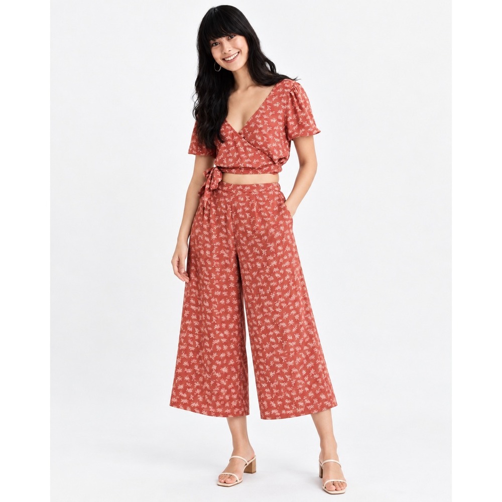 American Eagle Wrap Top Culotte Matching Set XL Rust Floral Women Boho 2 Piece